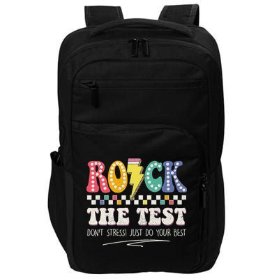 Funny Rock The Test Don't Stress Testing Day Teacher Student Impact Tech Backpack