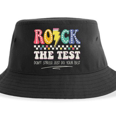 Funny Rock The Test Don't Stress Testing Day Teacher Student Sustainable Bucket Hat