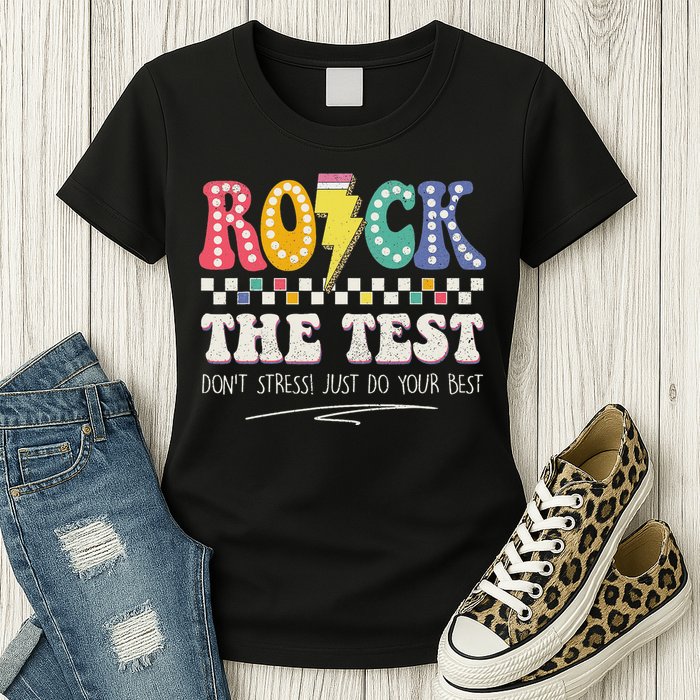 Funny Rock The Test Don't Stress Testing Day Teacher Student Womens T-Shirt