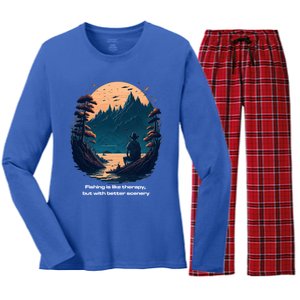 Fishing Relaxing Therapy Quote Meaningful Gift Women's Long Sleeve Flannel Pajama Set 