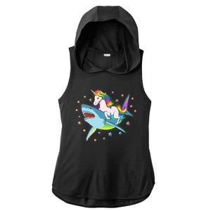 Funny Rainbow Unicorn Riding Shark Ladies PosiCharge Tri-Blend Wicking Draft Hoodie Tank