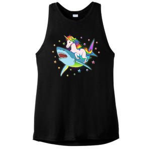 Funny Rainbow Unicorn Riding Shark Ladies PosiCharge Tri-Blend Wicking Tank