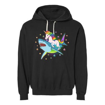 Funny Rainbow Unicorn Riding Shark Garment-Dyed Fleece Hoodie