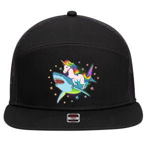 Funny Rainbow Unicorn Riding Shark 7 Panel Mesh Trucker Snapback Hat