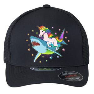 Funny Rainbow Unicorn Riding Shark Flexfit Unipanel Trucker Cap