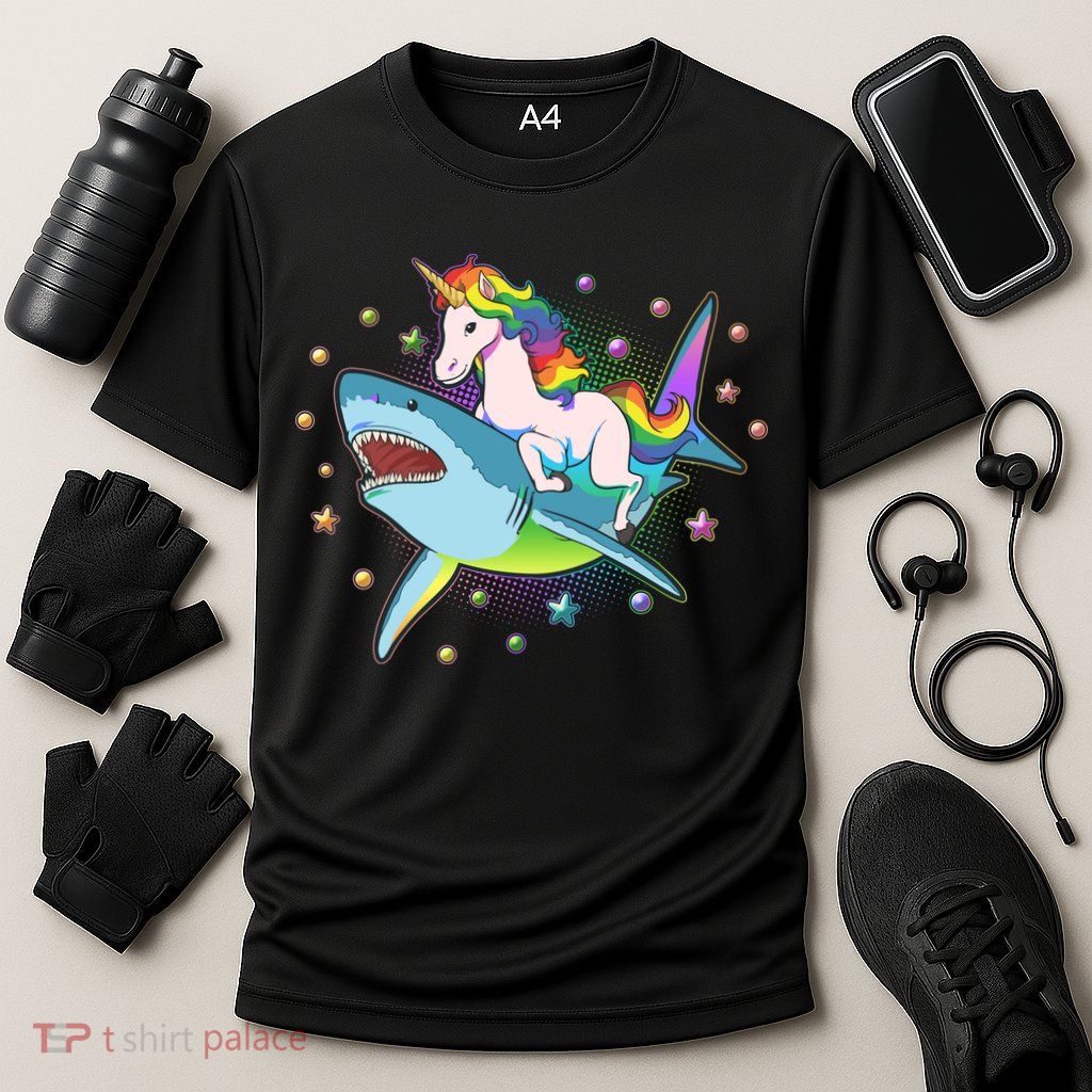 Funny Rainbow Unicorn Riding Shark Performance Shirt