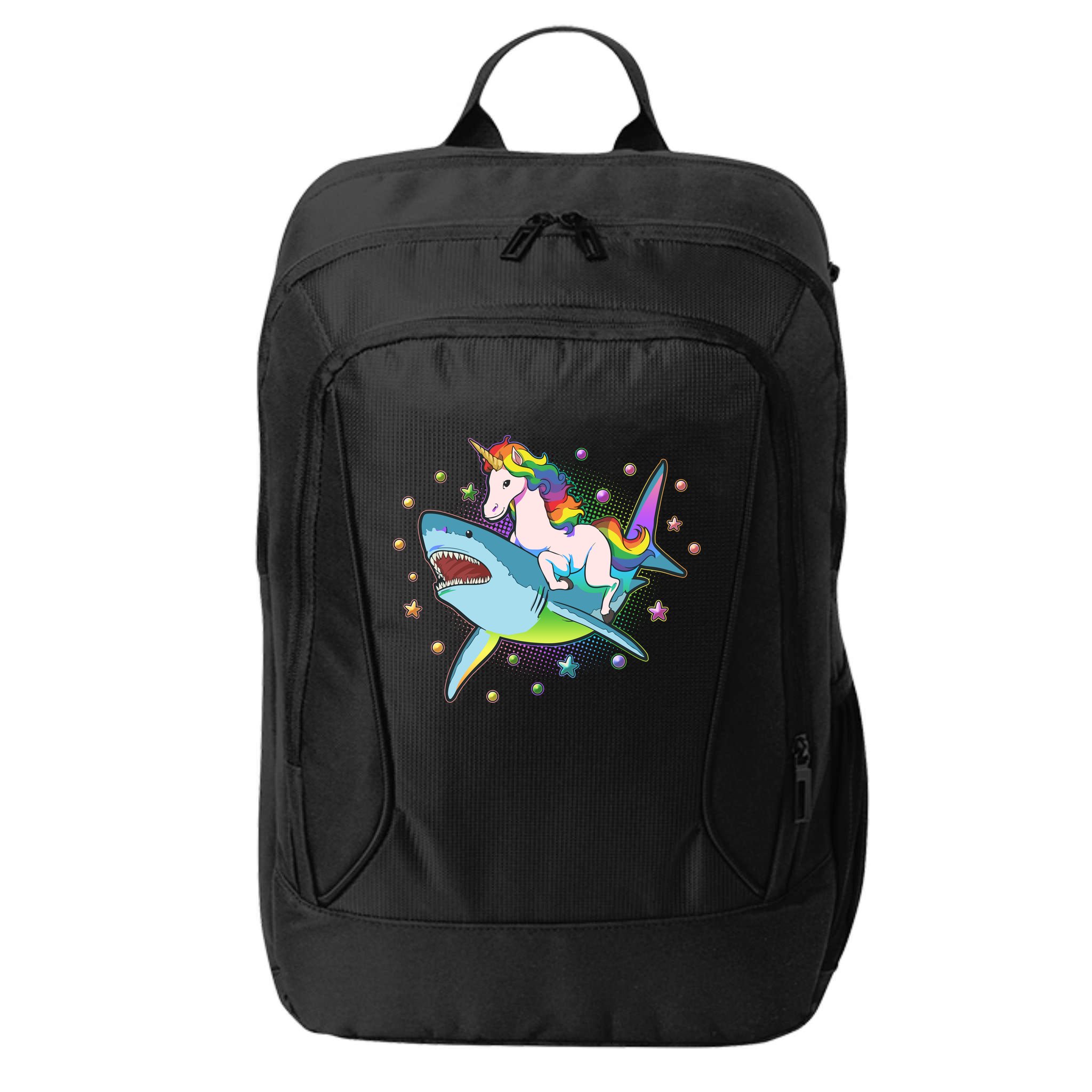 Funny Rainbow Unicorn Riding Shark City Backpack