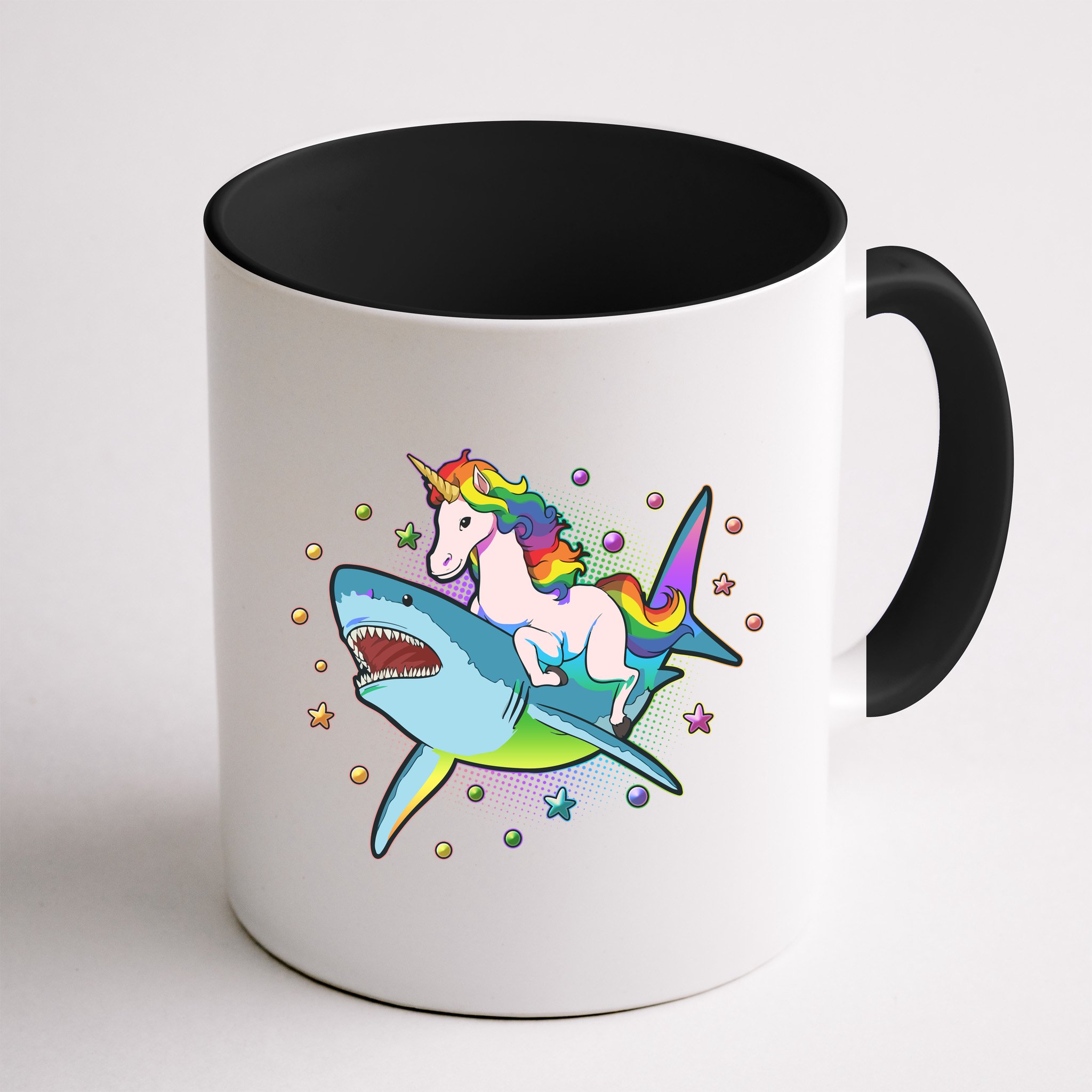 Funny Rainbow Unicorn Riding Shark Mug