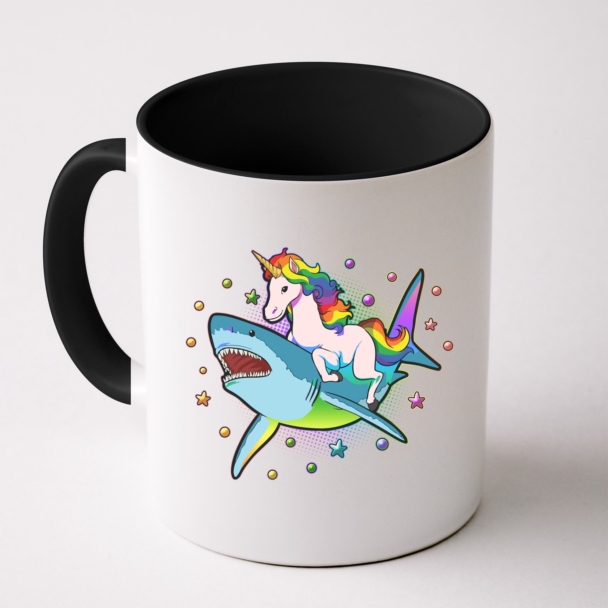 Funny Rainbow Unicorn Riding Shark Mug