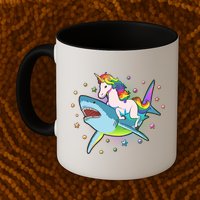 Funny Rainbow Unicorn Riding Shark Mug