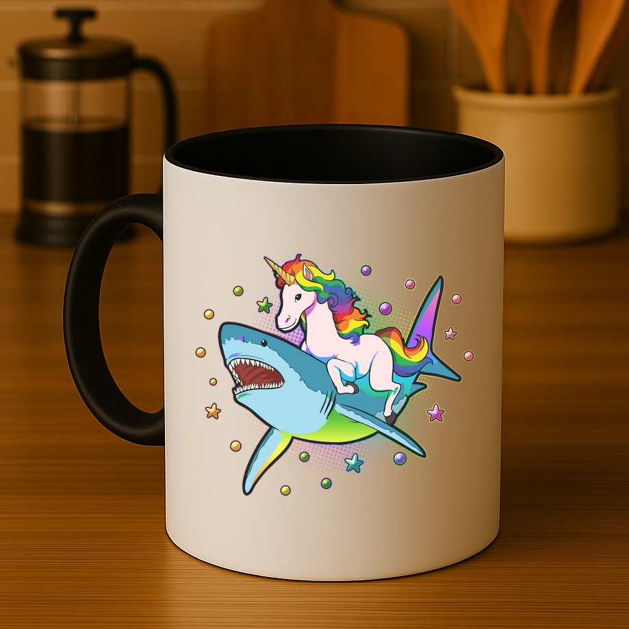 Funny Rainbow Unicorn Riding Shark Mug