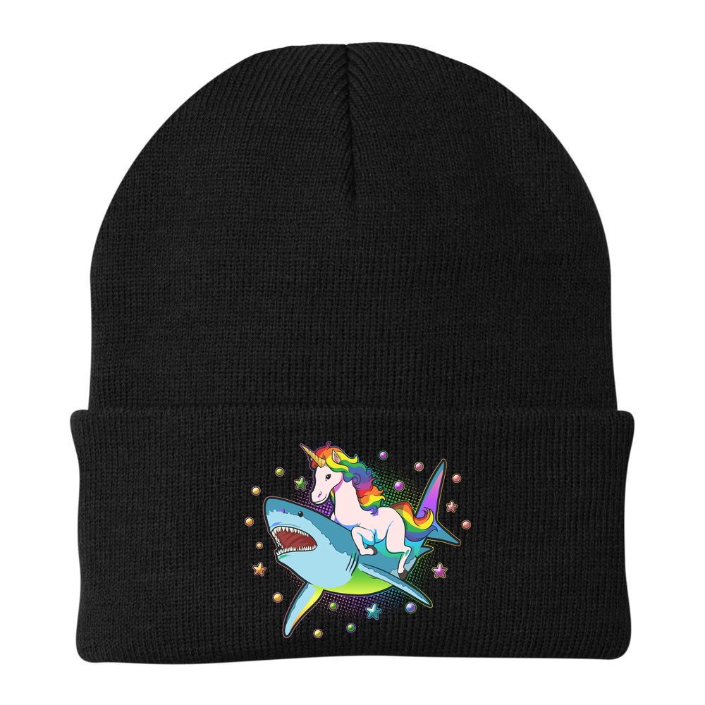 Funny Rainbow Unicorn Riding Shark Beanie