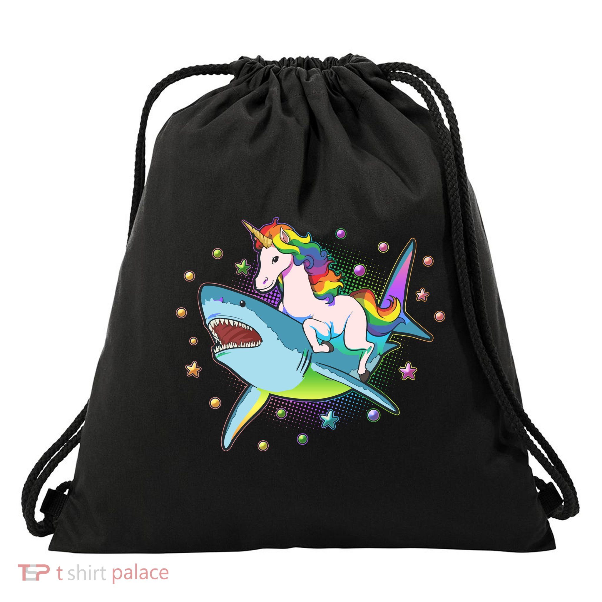 Funny Rainbow Unicorn Riding Shark Drawstring Bag