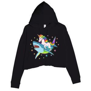 Funny Rainbow Unicorn Riding Shark Crop Fleece Hoodie