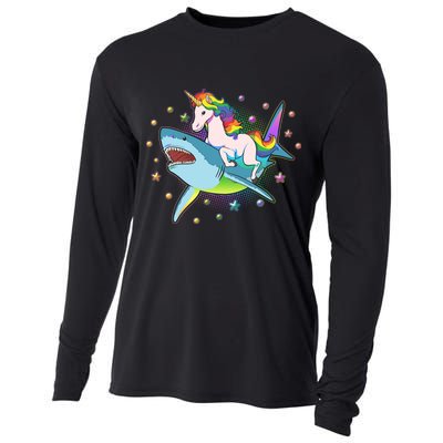 Funny Rainbow Unicorn Riding Shark Cooling Performance Long Sleeve Crew