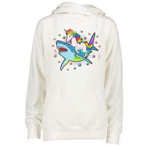 Funny Rainbow Unicorn Riding Shark Womens Funnel Neck Pullover Hood