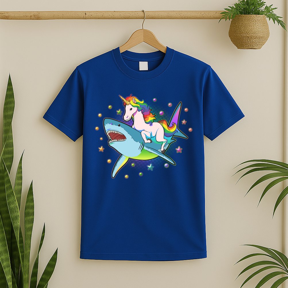 Funny Rainbow Unicorn Riding Shark T-Shirt