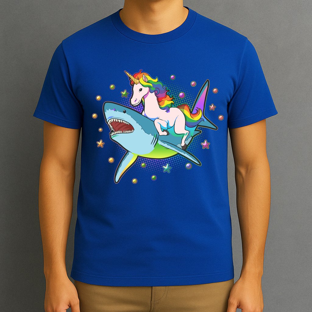 Funny Rainbow Unicorn Riding Shark T-Shirt