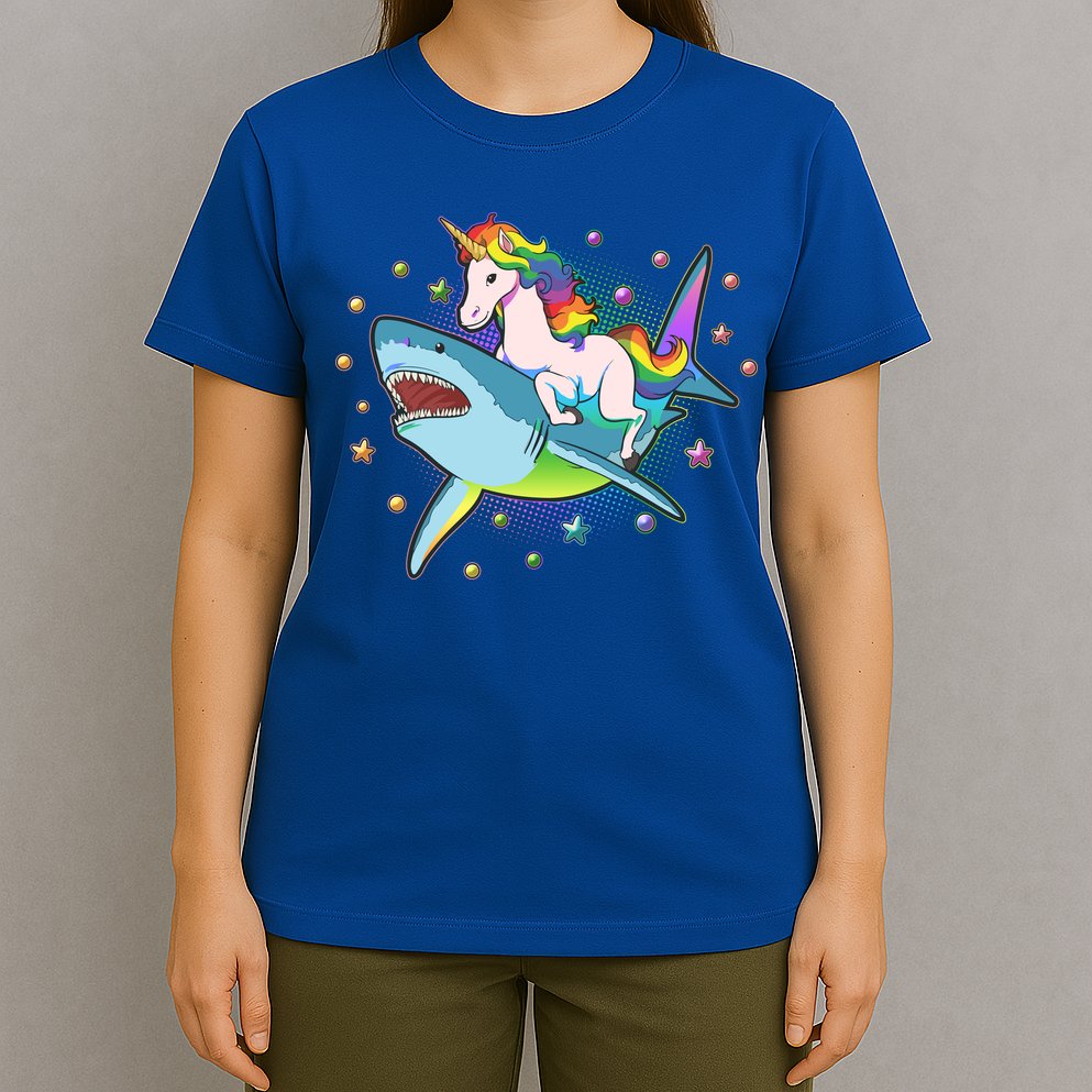 Funny Rainbow Unicorn Riding Shark T-Shirt