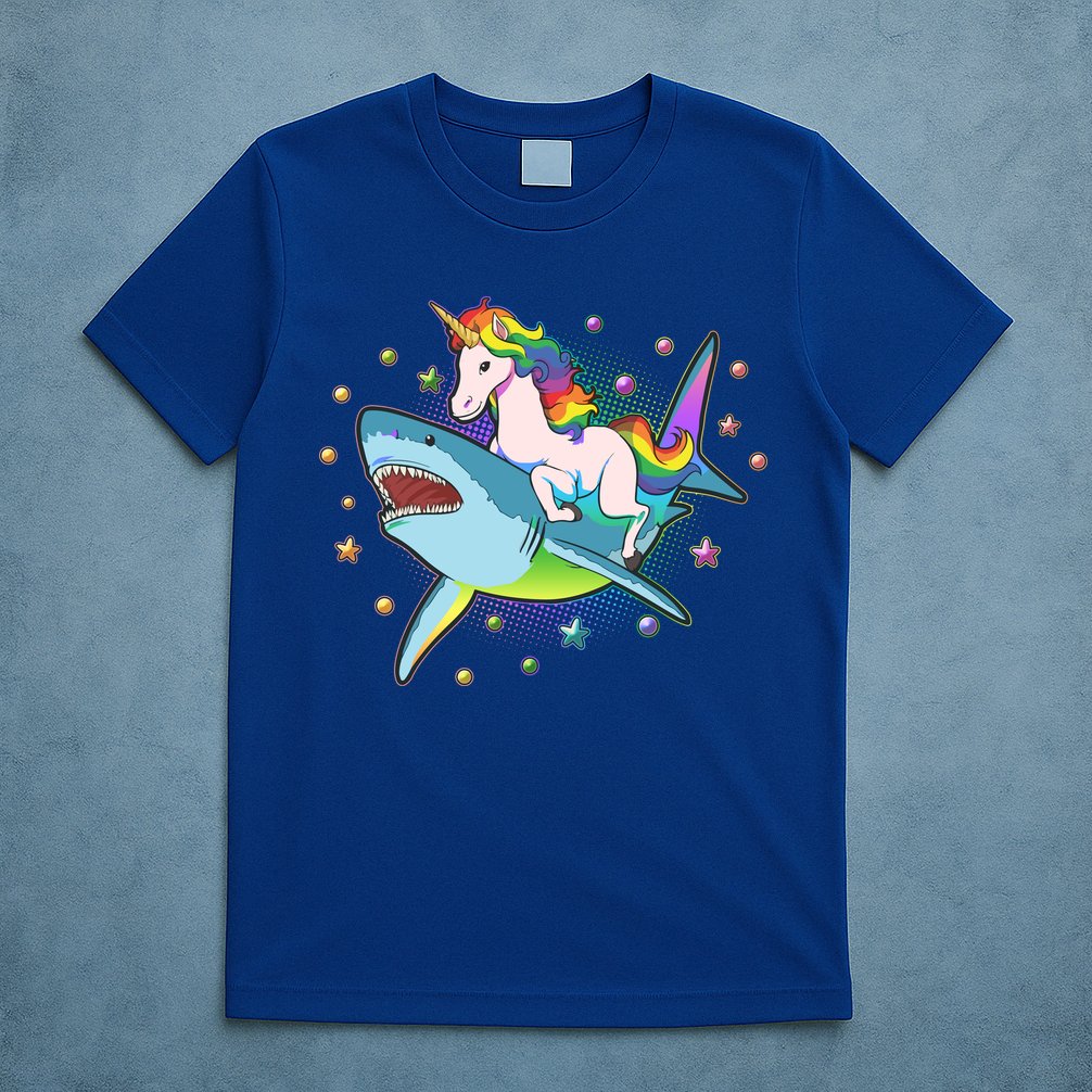 Funny Rainbow Unicorn Riding Shark T-Shirt