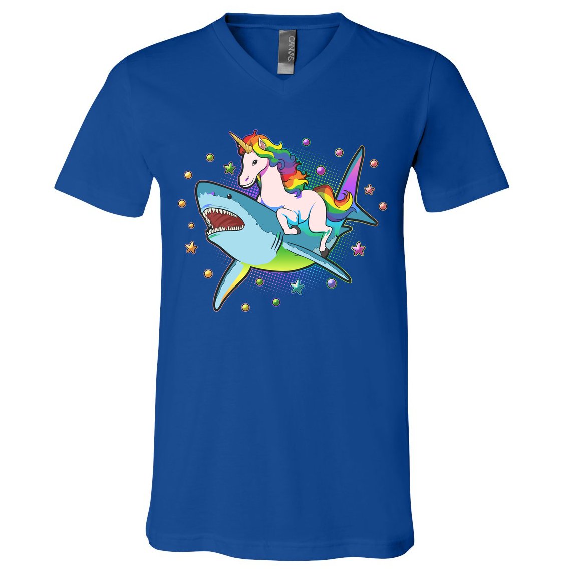 Funny Rainbow Unicorn Riding Shark V-Neck T-Shirt