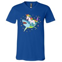 Funny Rainbow Unicorn Riding Shark V-Neck T-Shirt