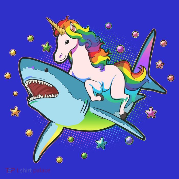 Funny Rainbow Unicorn Riding Shark Button
