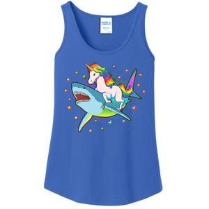 Funny Rainbow Unicorn Riding Shark Ladies Essential Tank