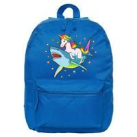 Funny Rainbow Unicorn Riding Shark 16 in Basic Backpack