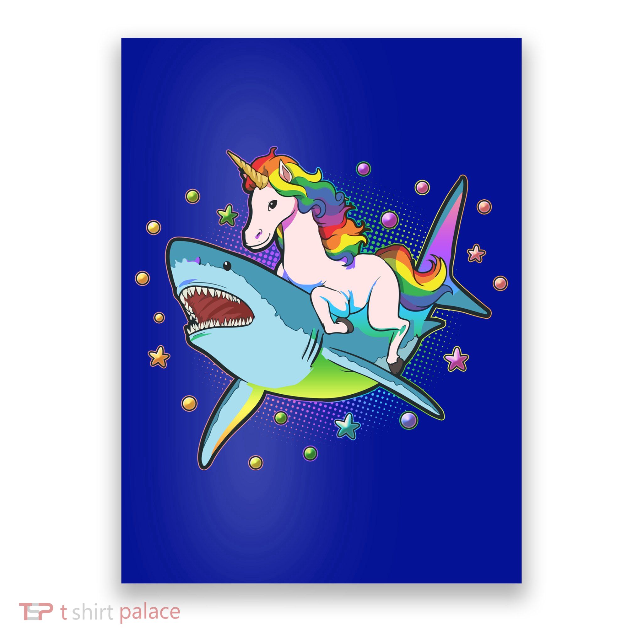 Funny Rainbow Unicorn Riding Shark Poster
