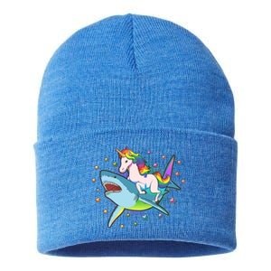 Funny Rainbow Unicorn Riding Shark Sustainable Knit Beanie