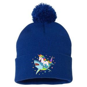 Funny Rainbow Unicorn Riding Shark Pom Pom 12in Knit Beanie