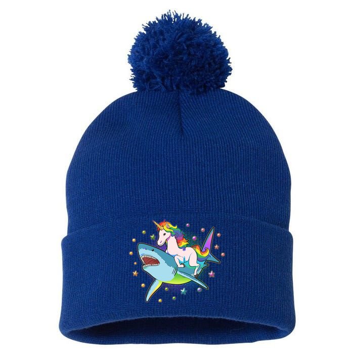 Funny Rainbow Unicorn Riding Shark Pom Pom 12in Knit Beanie