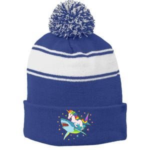 Funny Rainbow Unicorn Riding Shark Stripe Pom Pom Beanie