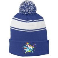 Funny Rainbow Unicorn Riding Shark Stripe Pom Pom Beanie