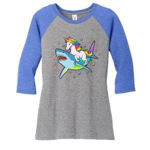 Funny Rainbow Unicorn Riding Shark Women's Tri-Blend 3/4-Sleeve Raglan Shirt