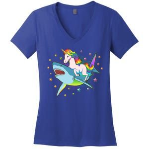 Funny Rainbow Unicorn Riding Shark Women's V-Neck T-Shirt