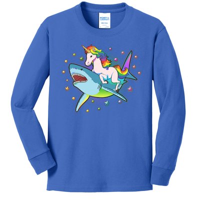 Funny Rainbow Unicorn Riding Shark Kids Long Sleeve Shirt