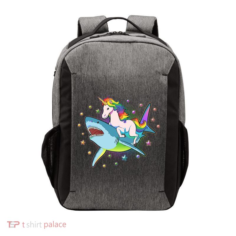 Funny Rainbow Unicorn Riding Shark Vector Backpack
