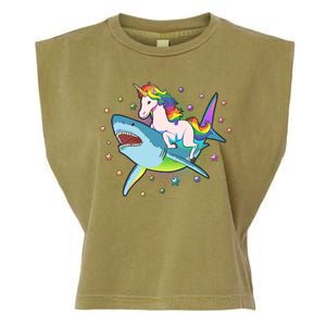 Funny Rainbow Unicorn Riding Shark Garment-Dyed Women's Muscle Tee