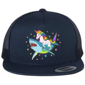 Funny Rainbow Unicorn Riding Shark Flat Bill Trucker Hat