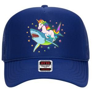 Funny Rainbow Unicorn Riding Shark High Crown Mesh Back Trucker Hat