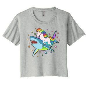 Funny Rainbow Unicorn Riding Shark Women's Crop Top Tee