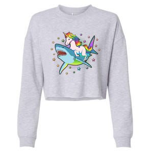 Funny Rainbow Unicorn Riding Shark Cropped Pullover Crew