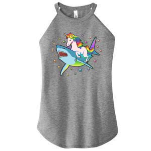 Funny Rainbow Unicorn Riding Shark Women's Perfect Tri Rocker Tank