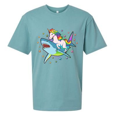 Funny Rainbow Unicorn Riding Shark Sueded Cloud Jersey T-Shirt