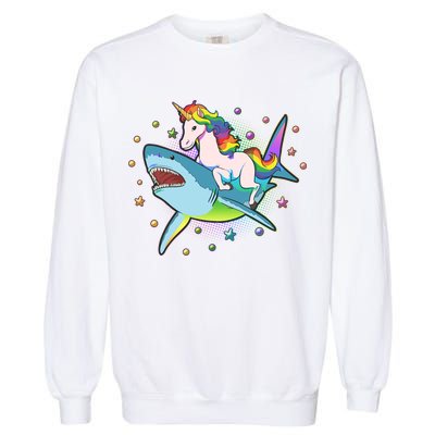 Funny Rainbow Unicorn Riding Shark Garment-Dyed Sweatshirt