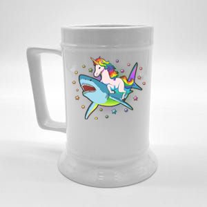 Funny Rainbow Unicorn Riding Shark Beer Stein