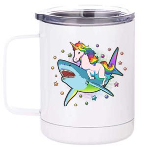 Funny Rainbow Unicorn Riding Shark 12 oz Stainless Steel Tumbler Cup