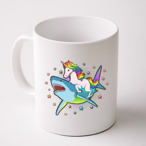 Funny Rainbow Unicorn Riding Shark Coffee Mug